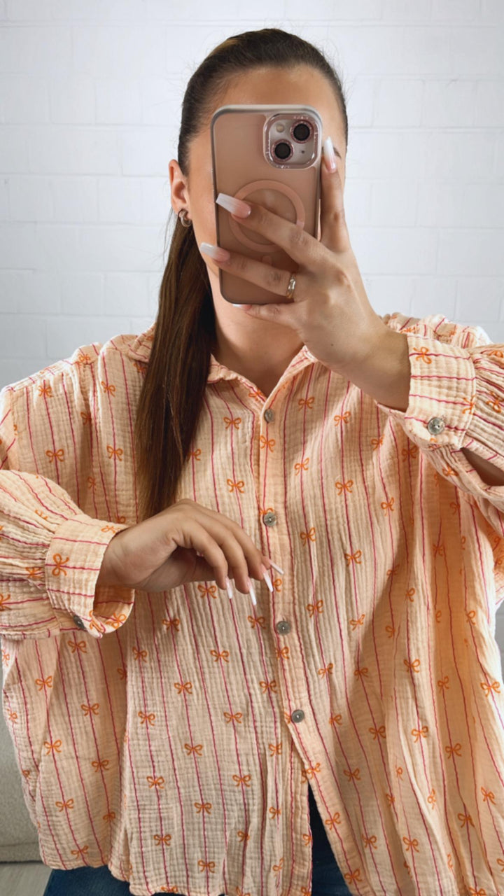 SCHLEIFEN - STREIFEN KURZE Oversize Musselin Bluse / apricot - pink - orange Art. 10180