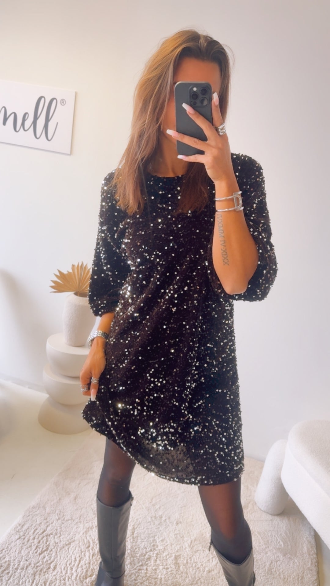 Festtags Kleid mit Struktur und Pailletten / braun - silber Art. 13187