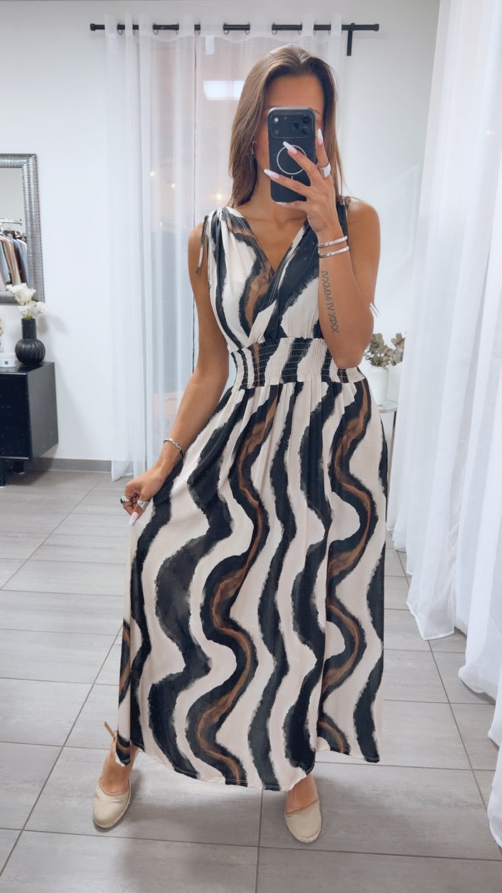 MAXI WELLEN Kleid mit breiten Trägern und geraffter Taille / beige - braun - schwarz Art.15060