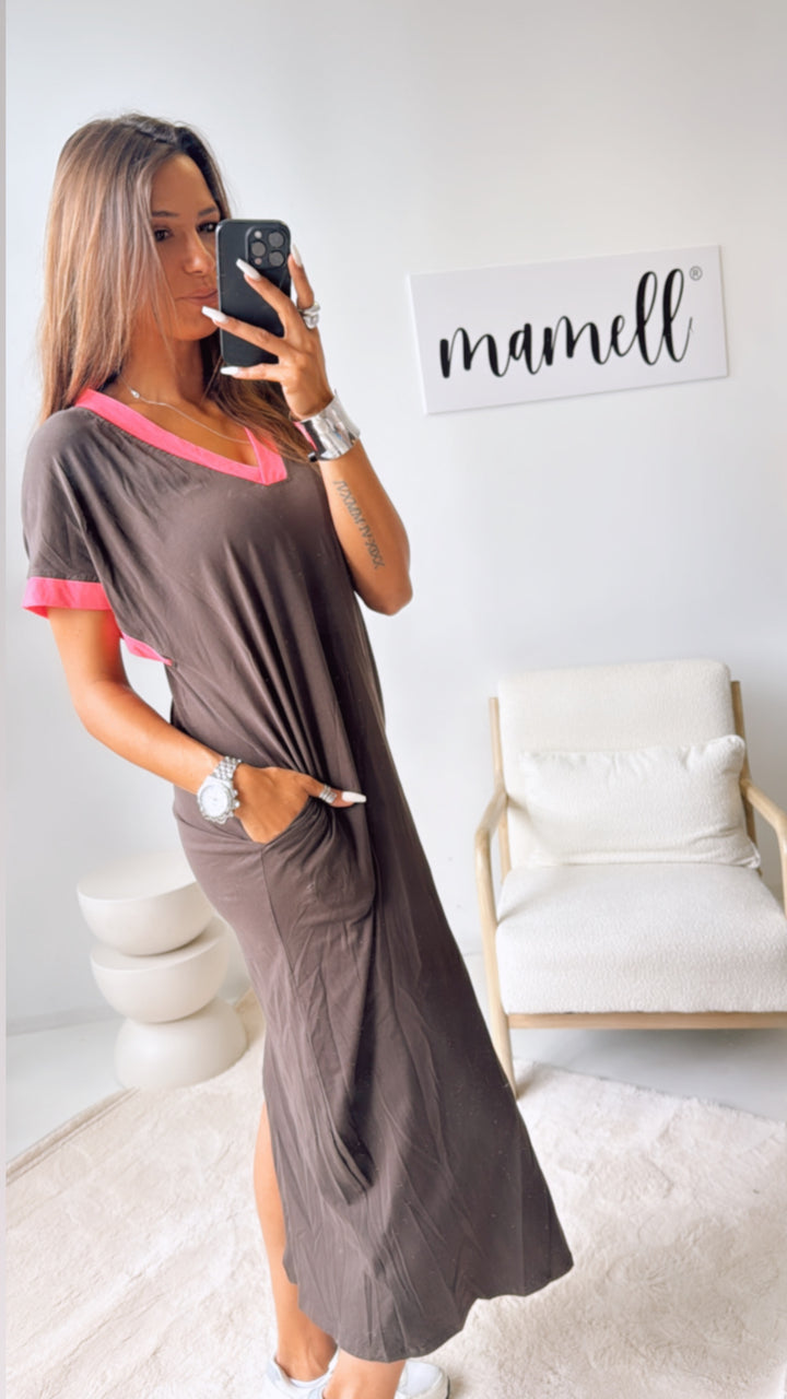 (Maxi-) T-shirt Kleid, abgesetzte Ärmel / braun - pink Art. 10826