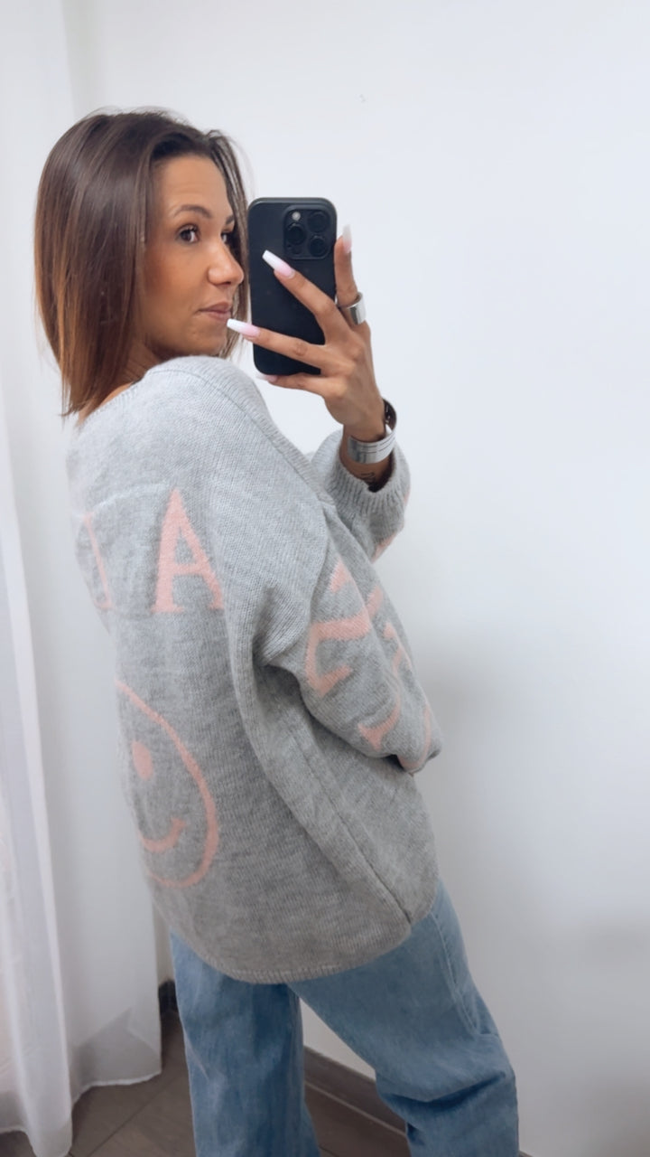 Backprint Strickpullover "it´s all good" / grau- rosa Art. 14281