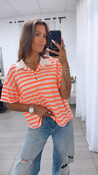 gestreiftes Strick oversize T-shirt mit Kragen/  Creme-neon orange-pink Art.15189