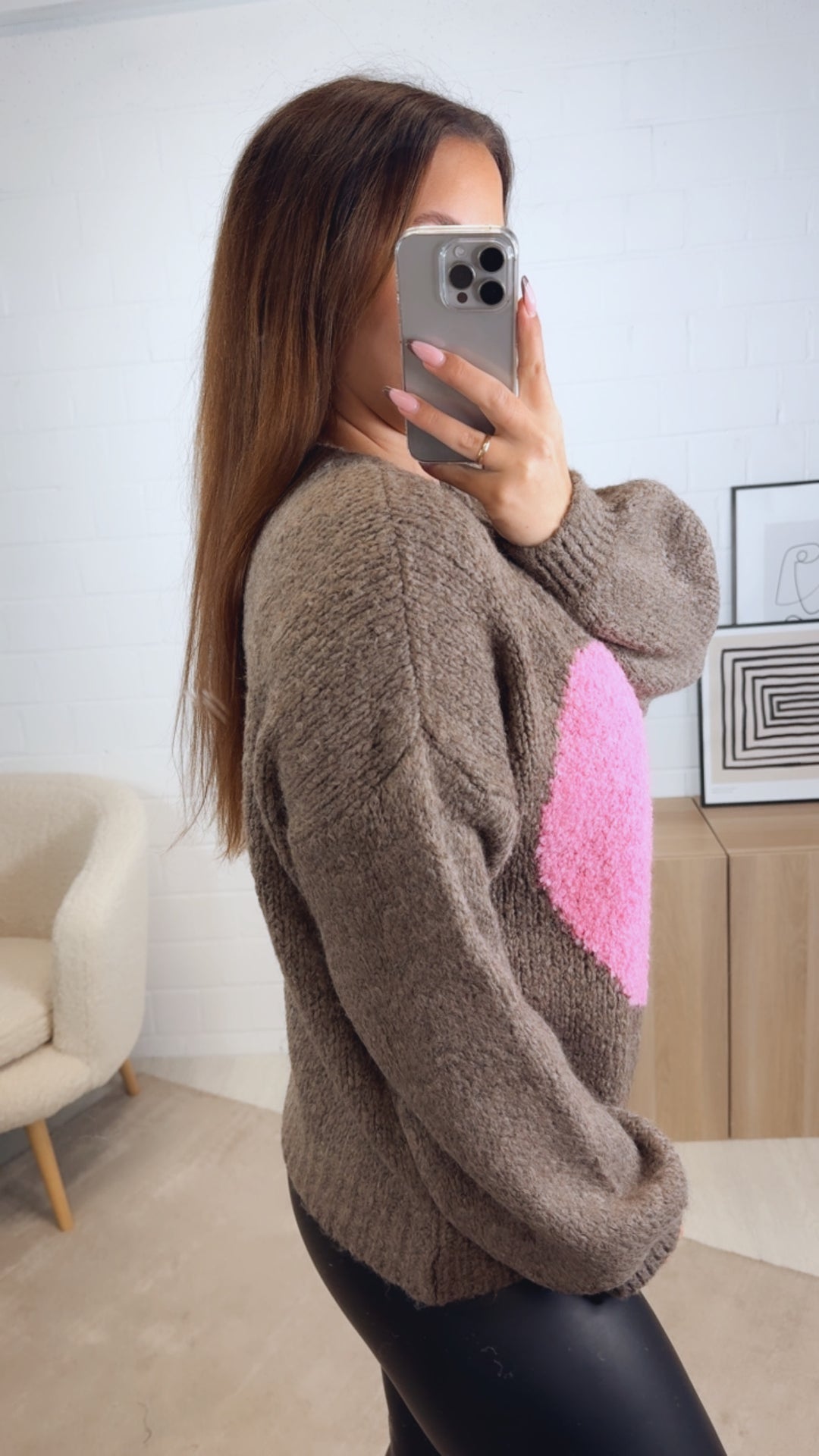 Strick Pullover mit Teddy Herz / braun meliert - pink Art. 13084