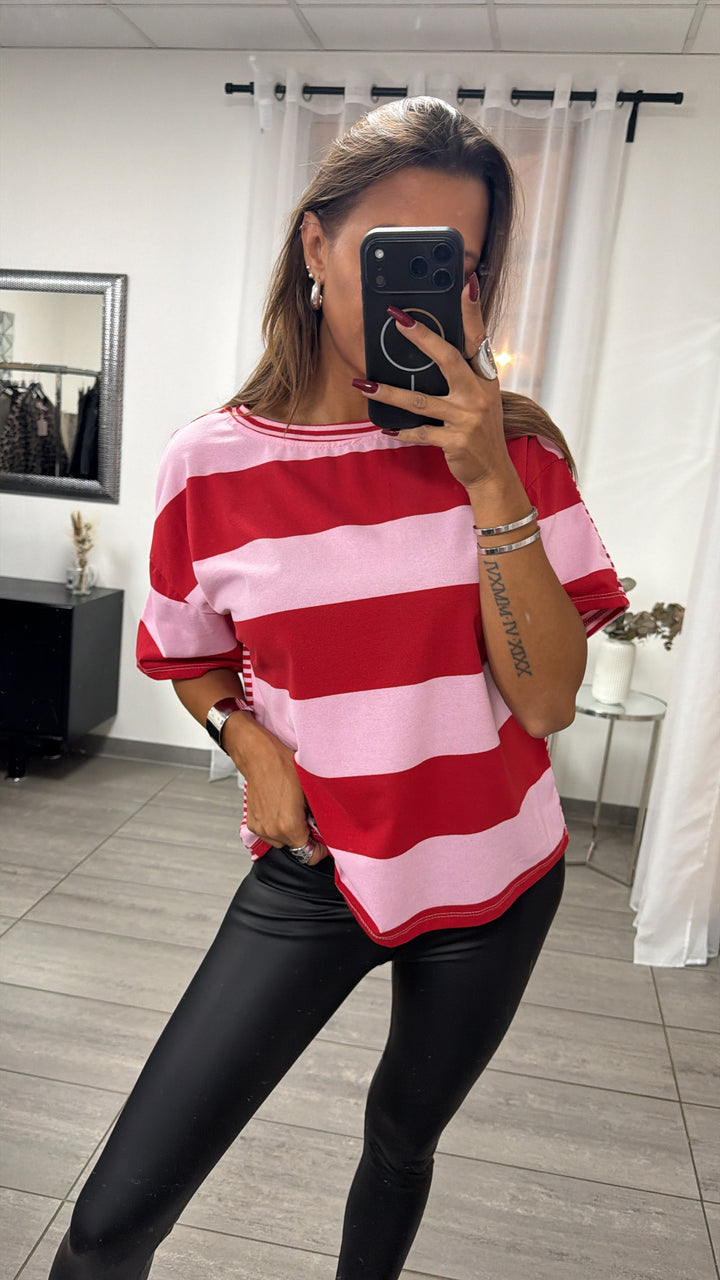 leichtes oversize T-shirt im Streifen Mix / rot - rosa Art. 16498