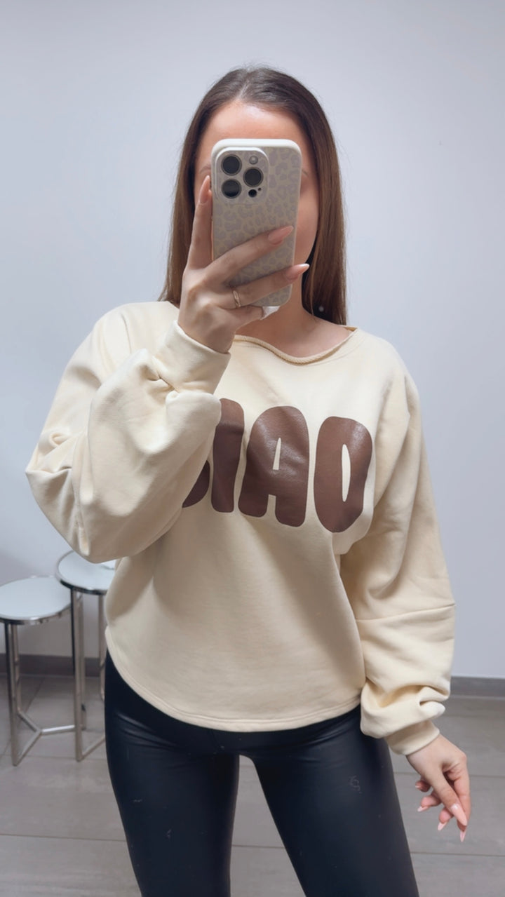 weiter Pullover " Ciao " / hell beige - braun Art. 13691
