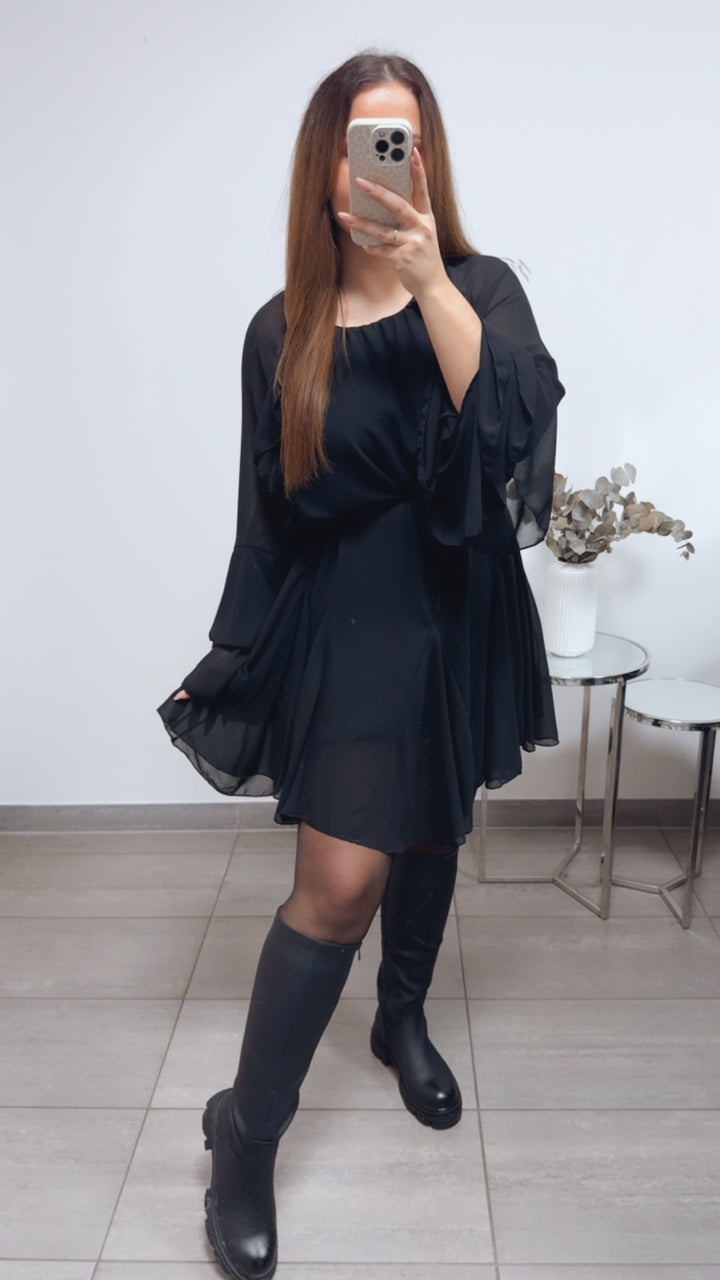 VOLANT besetztes Chiffon Kleid / schwarz Art. 13607