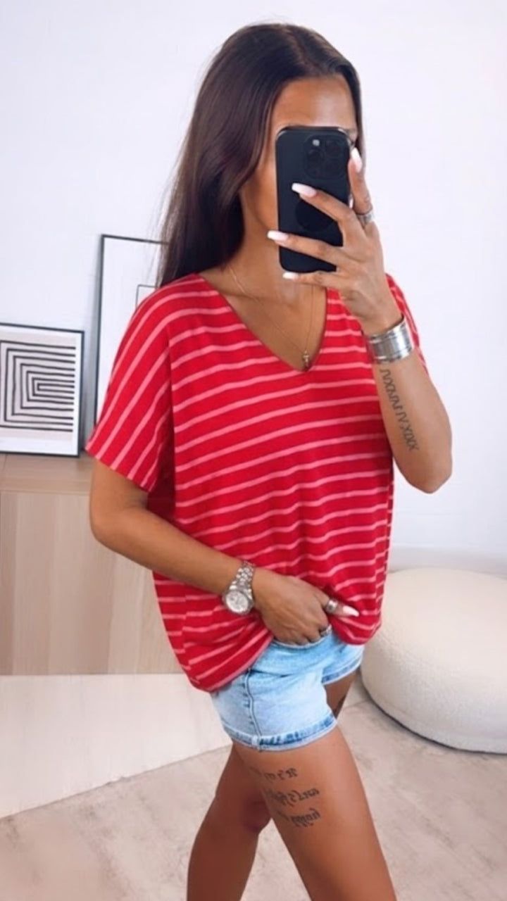 STREIFEN T-Shirt Oberteil mit V-Ausschnitt / rot - beere Art.15633