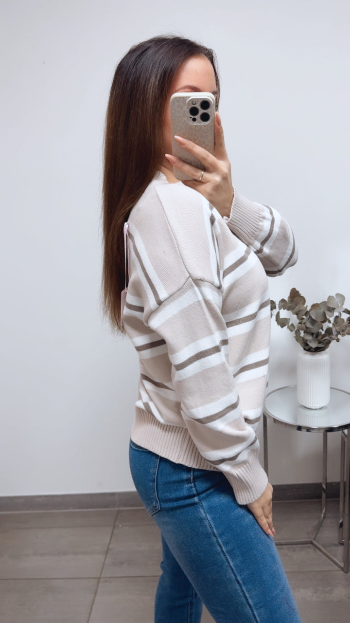dreifarbiger, gestreifter Pullover / creme - taupe - weiss Art. 13828