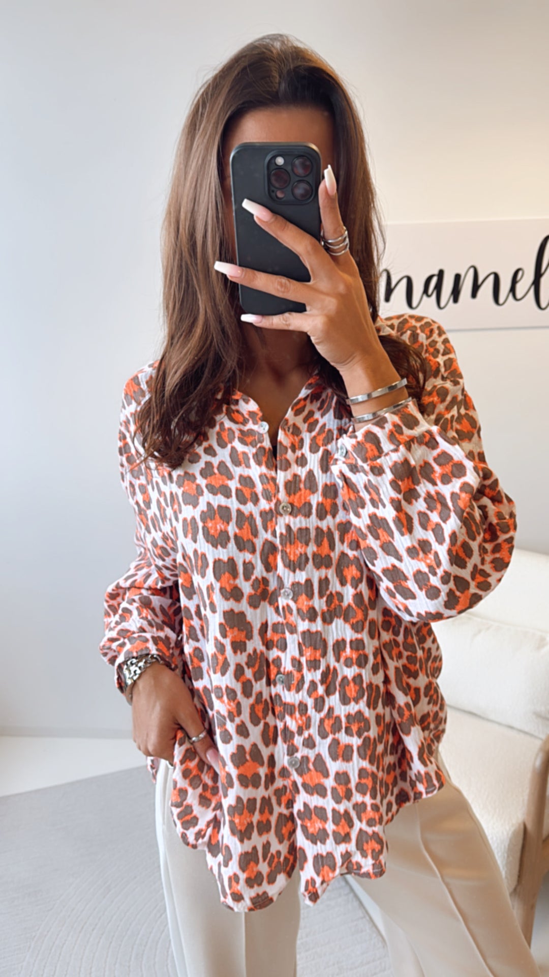KURZE Oversize Musselin Bluse / Leo wollweiss - braun - orange Art. 8479