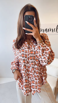 KURZE Oversize Musselin Bluse / Leo wollweiss - braun - orange Art. 8479