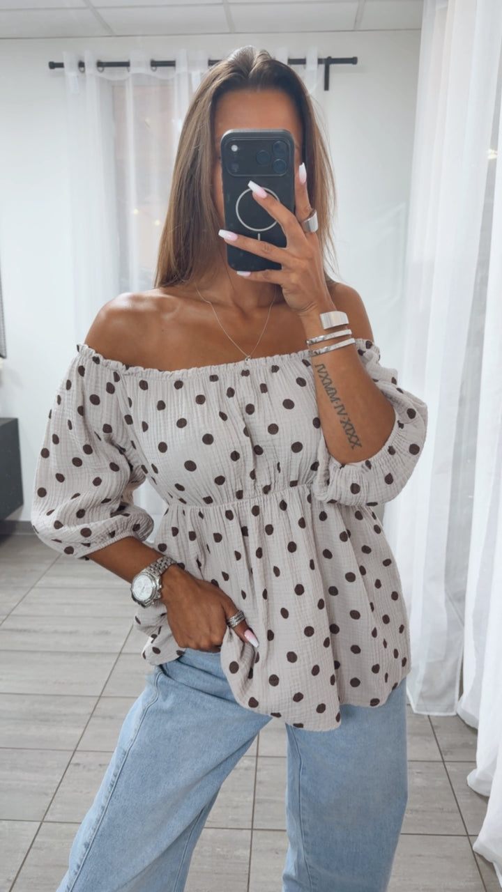 PUNKTE Musselin Oberteil, off - shoulder / light taupe - braun Art. 15356