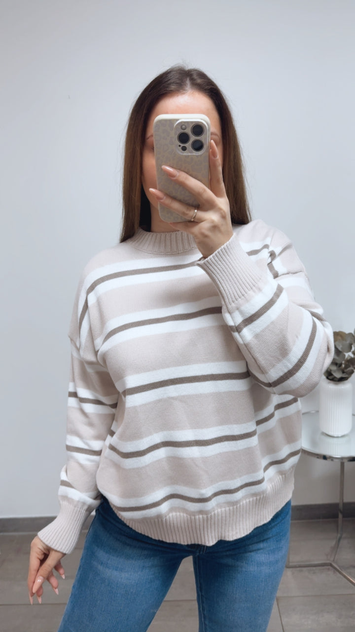 dreifarbiger, gestreifter Pullover / creme - taupe - weiss Art. 13828