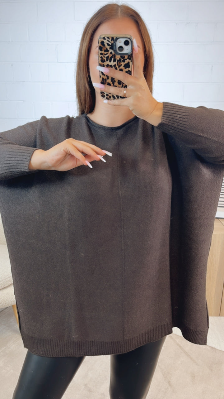 Long Pullover mit mittiger Ziernaht / dunkel braun Art. 12384