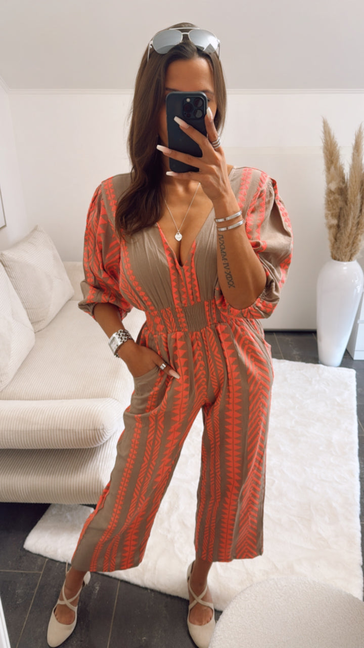 PREMIUM Summer Vibe Jumpsuit, 3/4-Ärmel / light taupe - pink Art. 9165