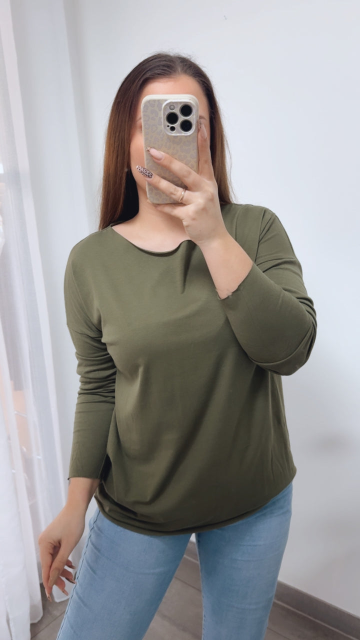 Baumwoll Basic Langarm Oberteil / khaki Art. 14241