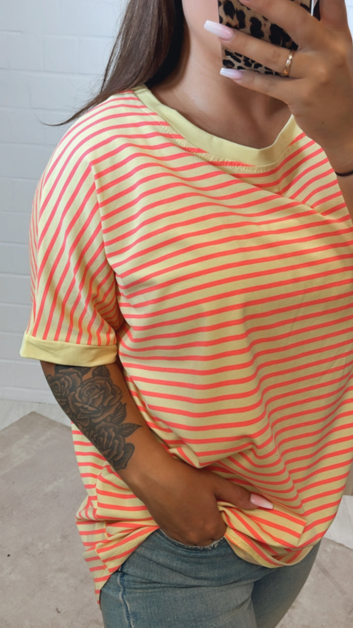 STREIFEN Vokuhila Long T-Shirt / soft gelb - coral Art. 11174