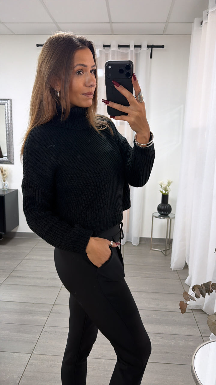 Crop grober Strick Pullover, Rollkragen / schwarz 16769