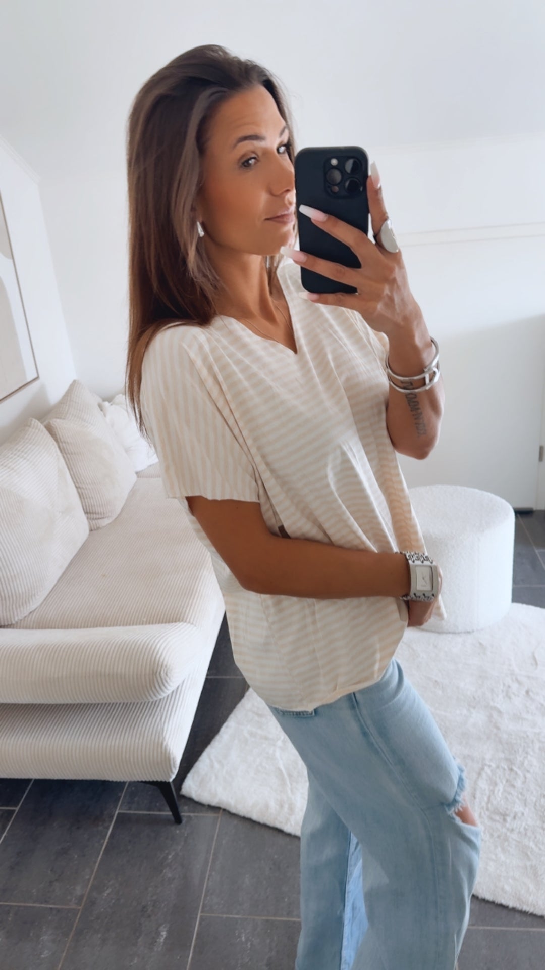 T-shirt Oberteil mit V-Ausschnitt / beige -weiss  Art. 10314