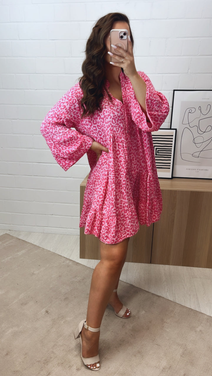 Musselin Kleid / Tunika im Leo Muster / soft pink - pink Art. 10737