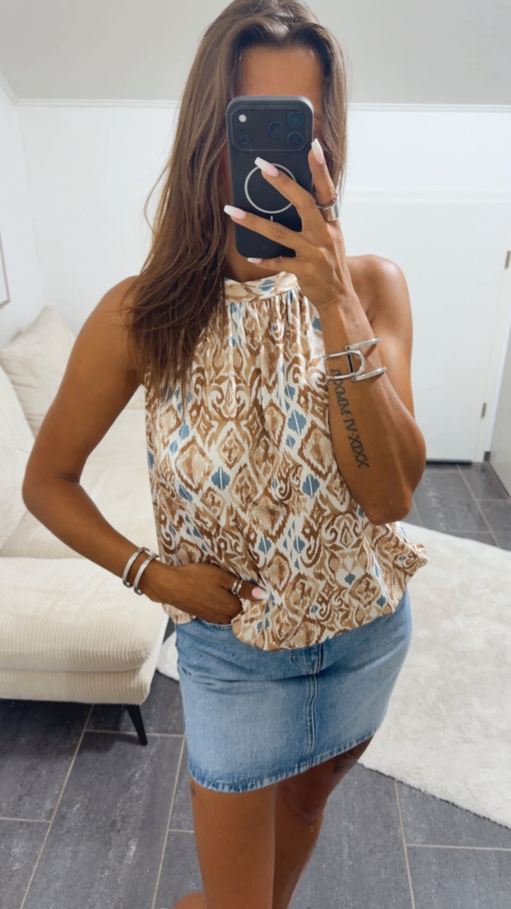 DEKOR Print ärmelloses Top / beige - weiss - denim blau - karamell Art. 15409