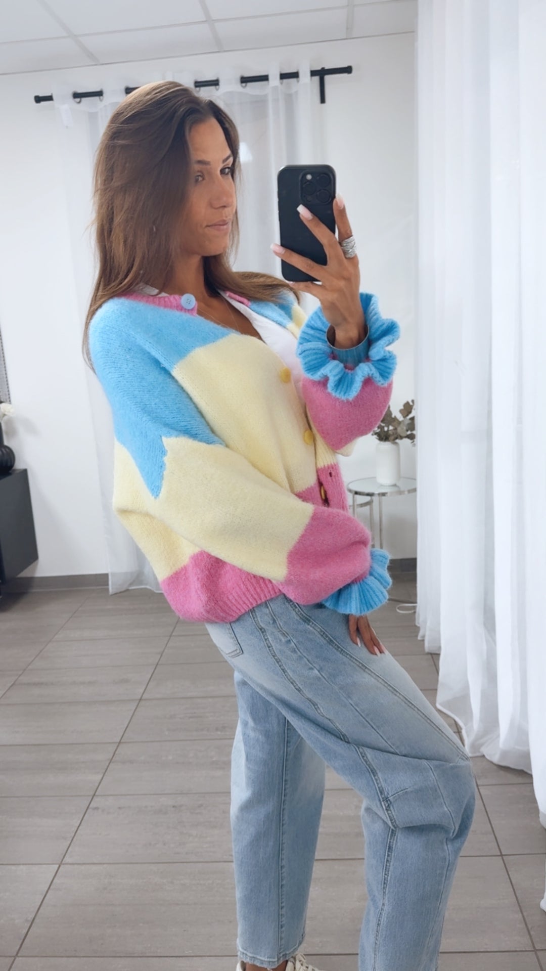 VOLANT ÄRMEL Cardigan, gestreift / pink - blau - gelb Art. 14154