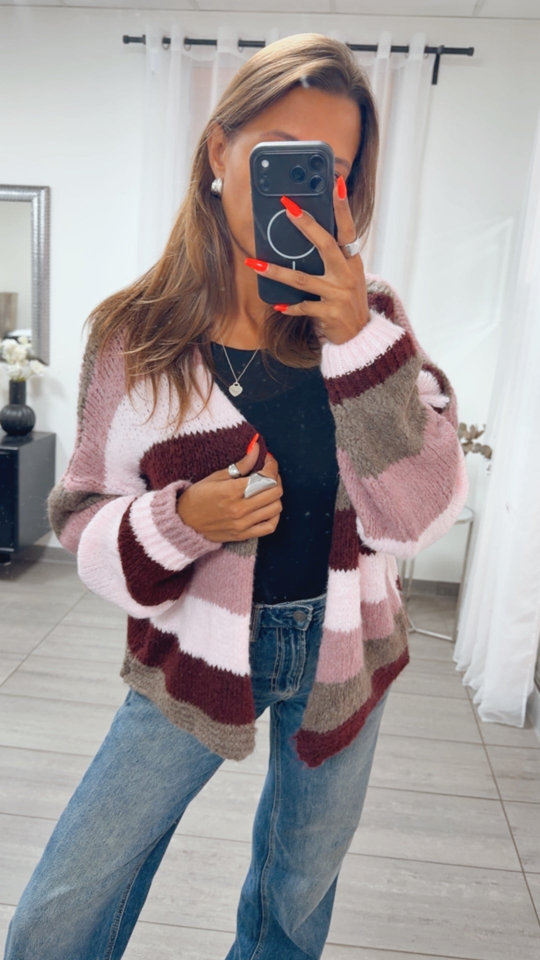 Offener Pastell Streifen Cardigan / braun meliert - Beere - rosa - Bordeaux rot Art. 16152