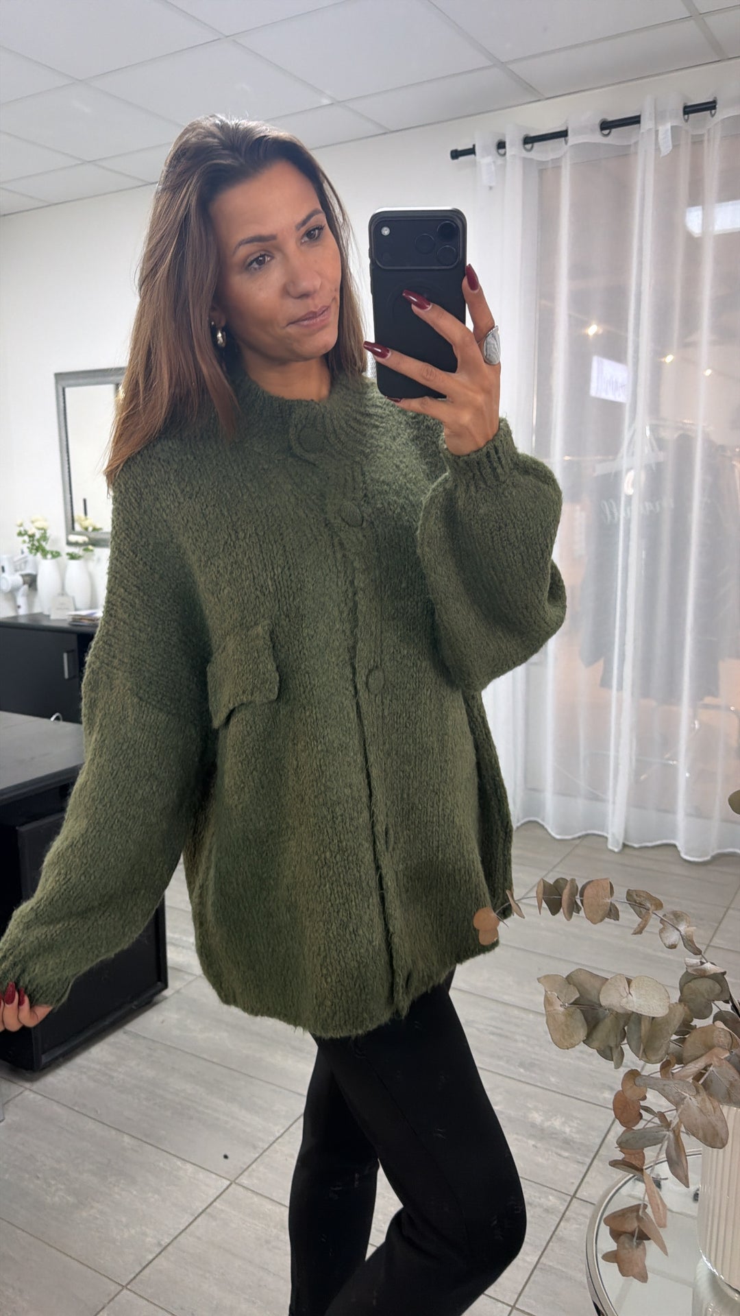 Oversize Strick Cardigan mit Taschen, Strick Knöpfe / Khaki Art. 16737