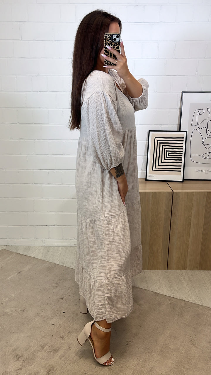 langes Musselin Kleid, Ärmel mit Gummibund / beige Art. 11222