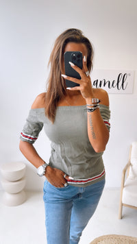Off - Shoulder Baumwoll Oberteil, Streifen / khaki Art. 10521