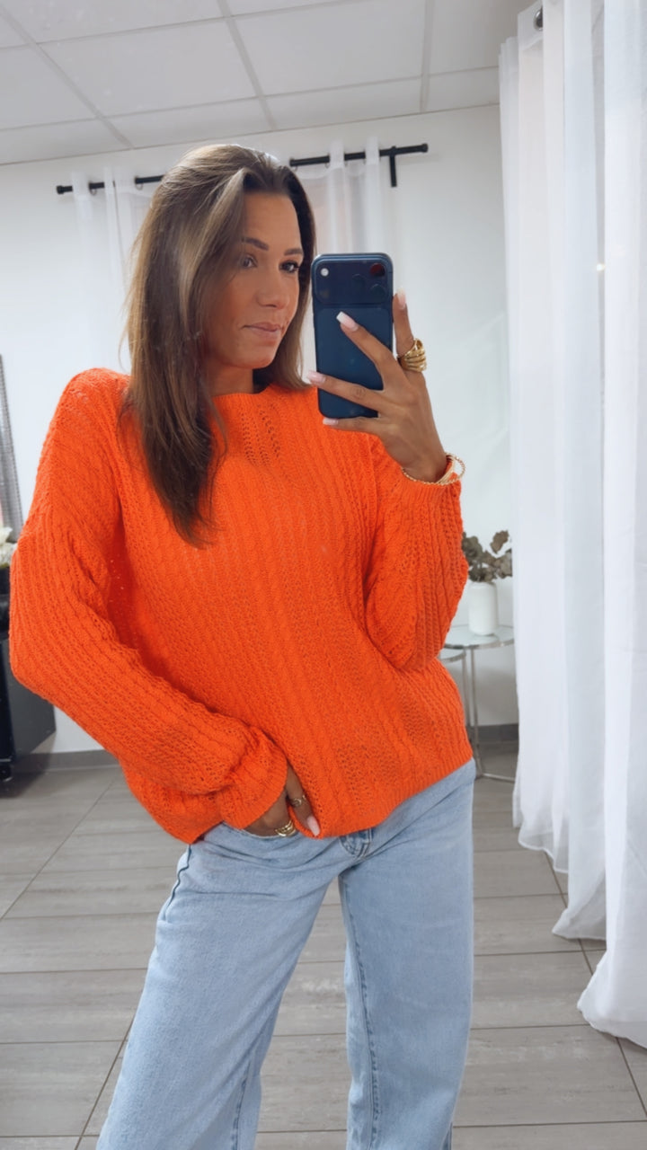 leichter Strick Pullover mit Zopfmuster / orange Art. 14940