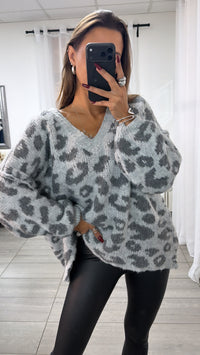 V-AUSSCHNITT LEO Oversize Kuschel - Pullover / hell grau - dunkel grau Art. 16690