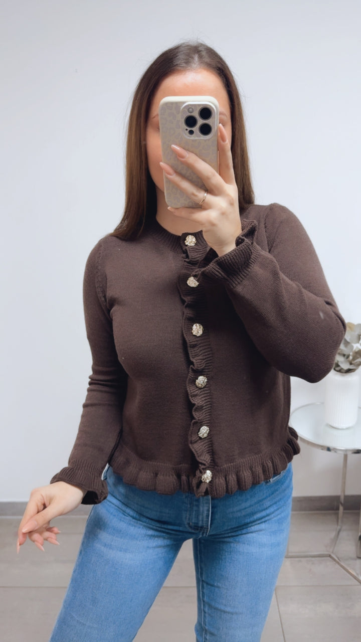 VOLANT leichter Strick Cardigan, goldene Knöpfe / dunkel braun Art. 13813