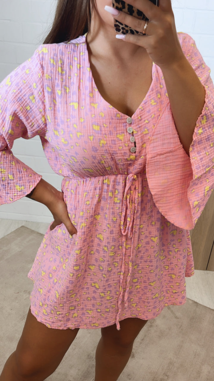 LEO Musselin Kleid mit längeren Volant Ärmeln / soft pink - gelb - flieder Art. 11195