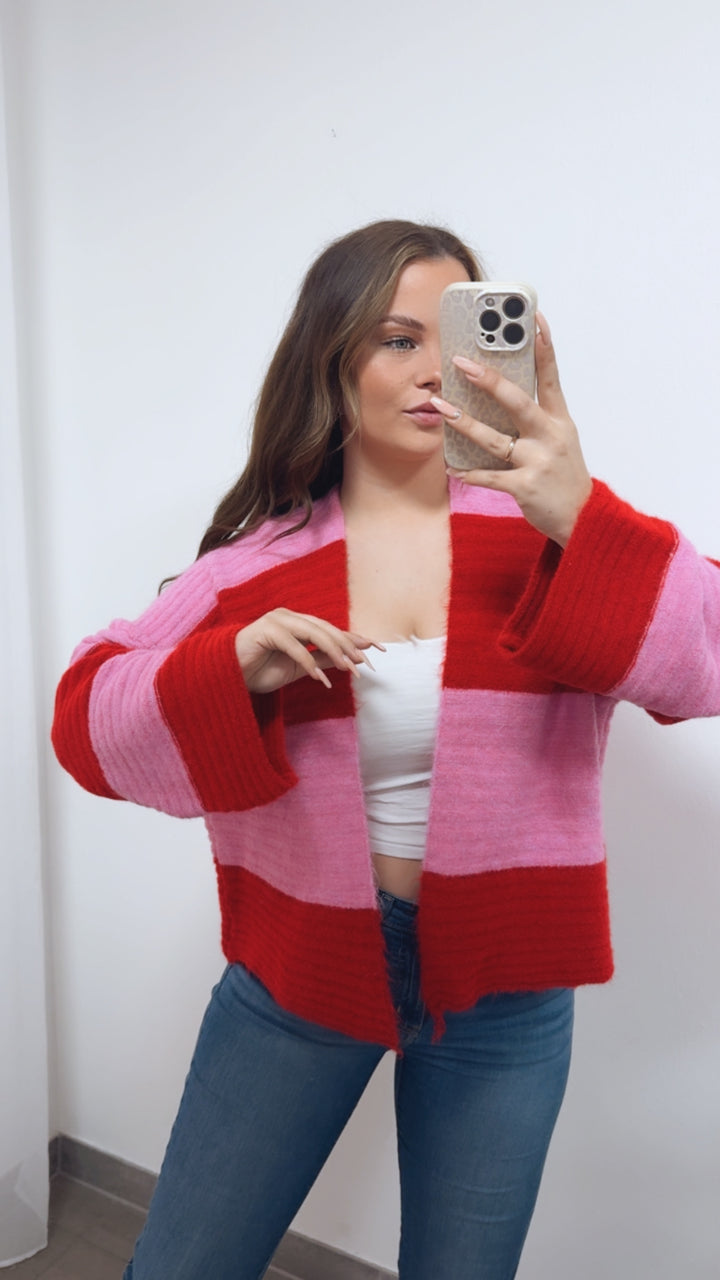 STREIFEN weiter, offener Cardigan / Pink - rot Art. 14686