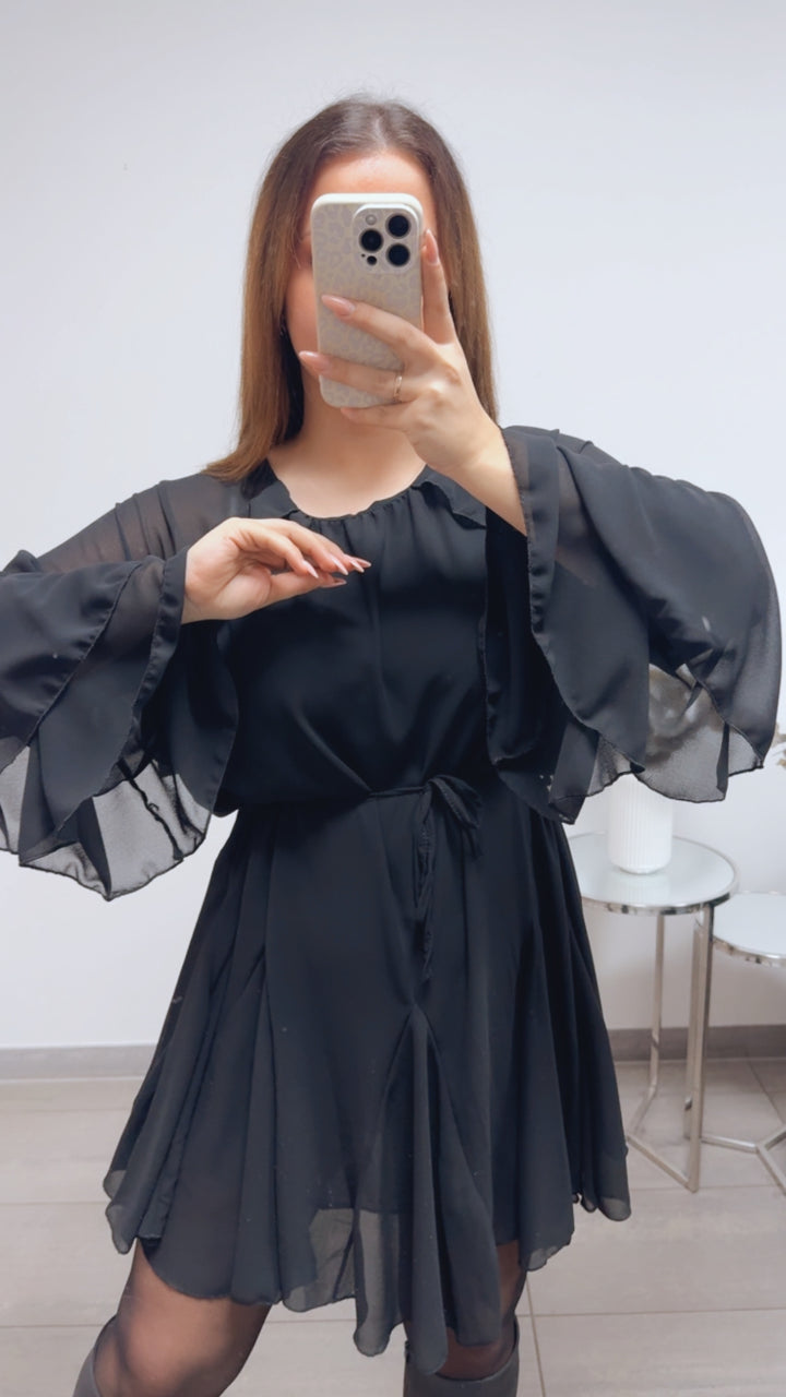 VOLANT besetztes Chiffon Kleid / schwarz Art. 13607