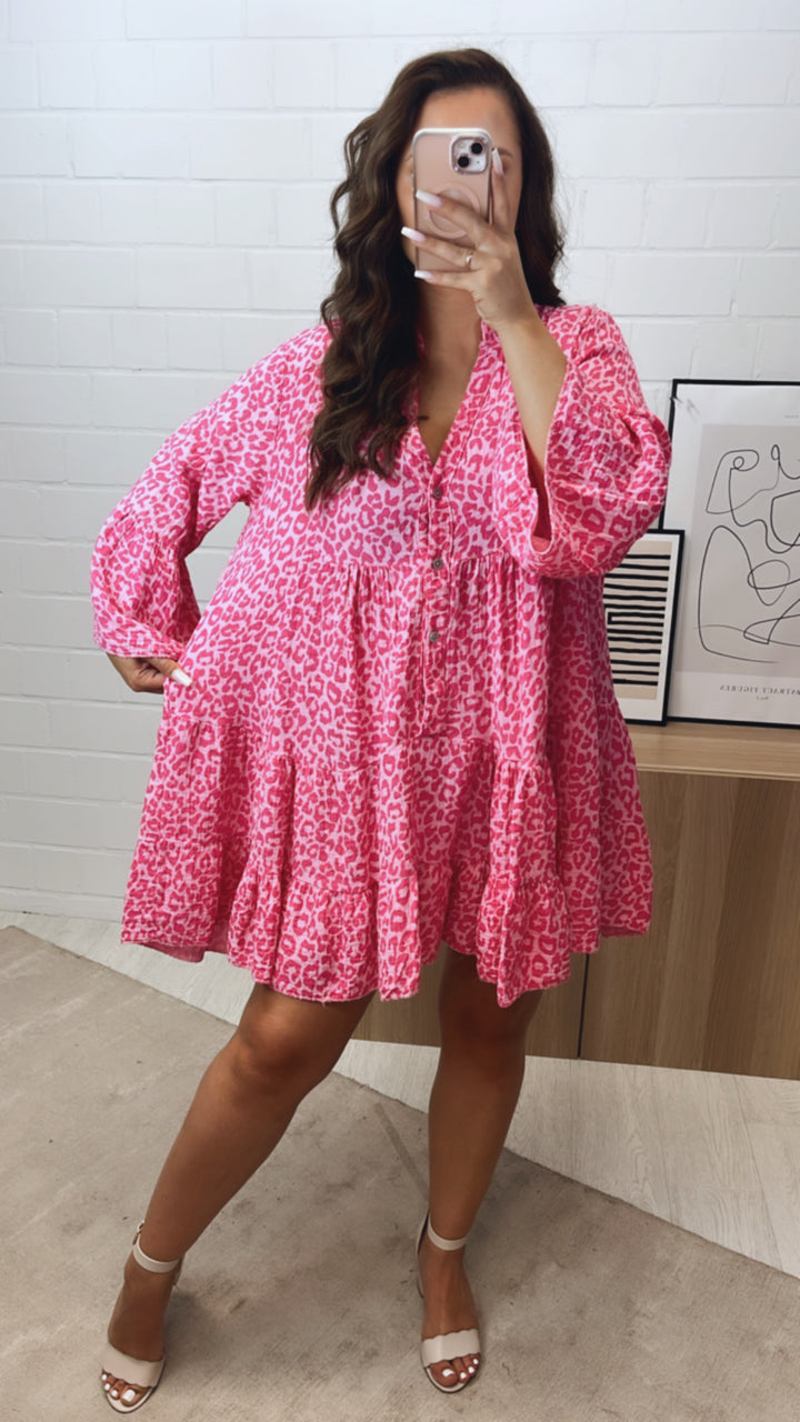 Musselin Kleid / Tunika im Leo Muster / soft pink - pink Art. 10737