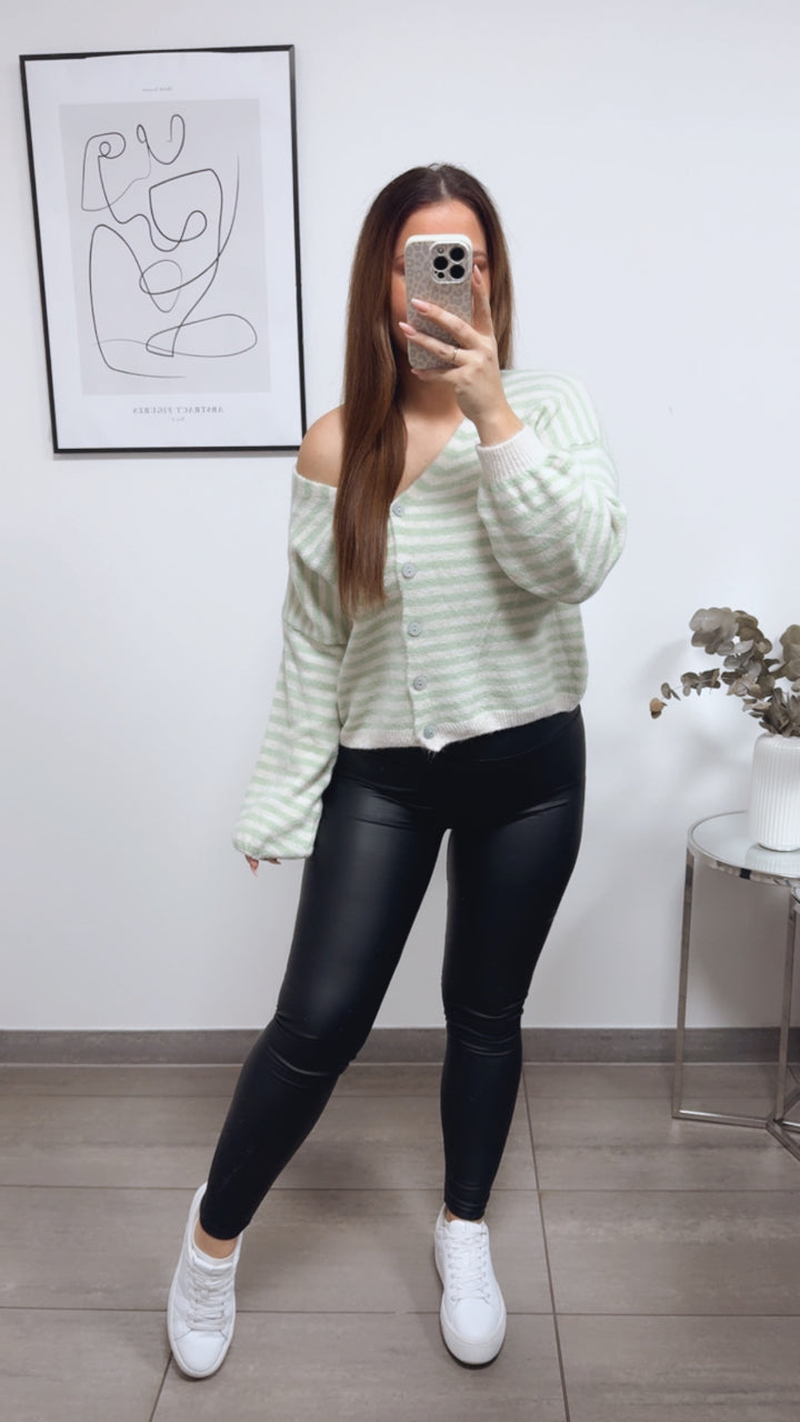 gestreifter Cardigan, Perlmutt Optik Knöpfe / mint - wollweiss Art. 13346