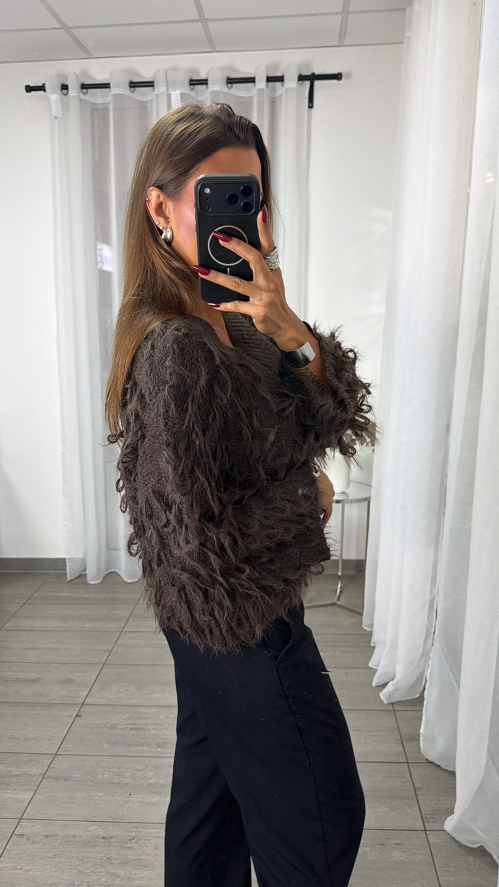 highlight Pullover mit Schlaufen Struktur, V-Ausschnitt / braun Art. 16406