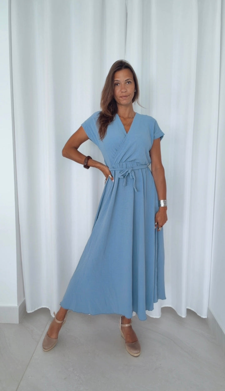 Maxi Kleid zum Binden, Wickeloptik / denim blau Art. 15368