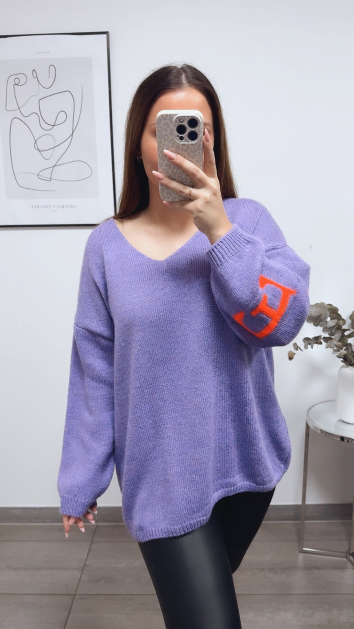 Strick Pullover "Namaste" / Flieder - Neon orange Art. 13336