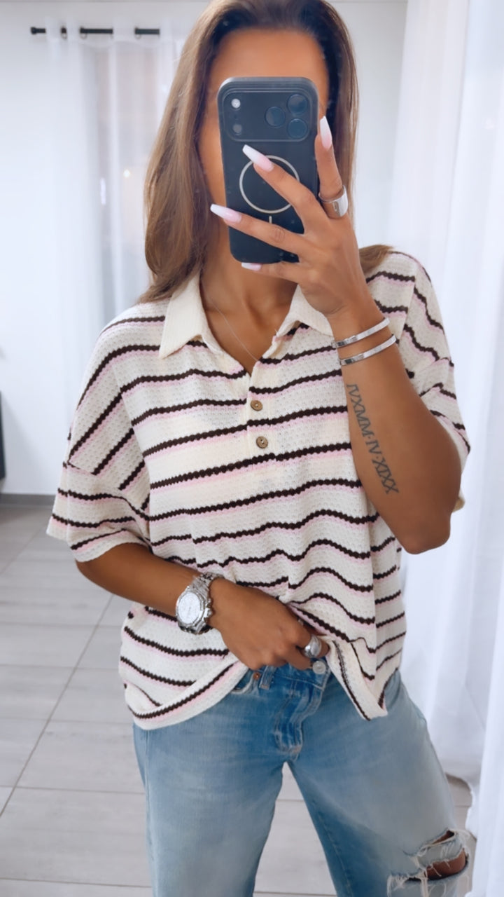 gestreiftes Strick oversize T-shirt mit Kragen/  Creme-rosa-braun Art.15188