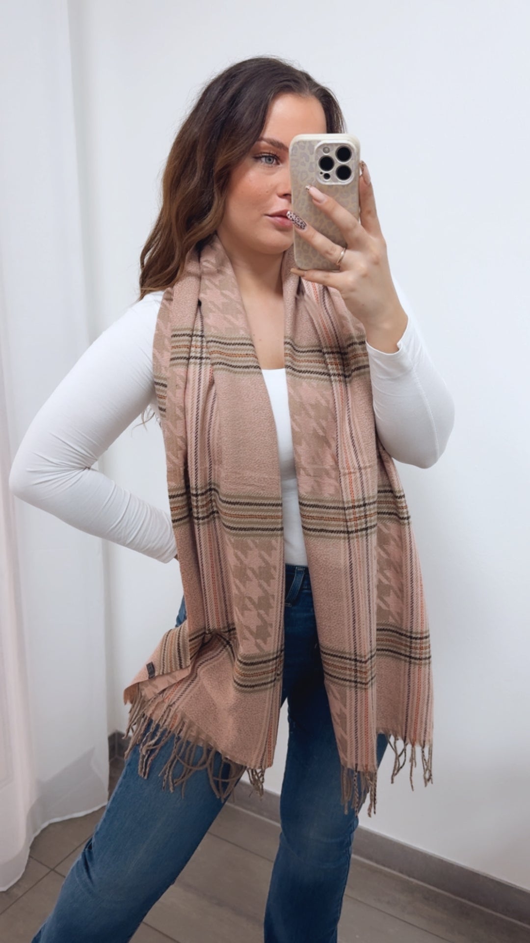 Statement Schal – Mix aus Streifen & Hahnentritt / rosa - taupe - orange Art. 14357