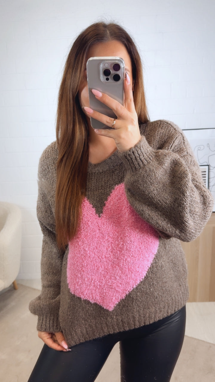 Strick Pullover mit Teddy Herz / braun meliert - pink Art. 13084