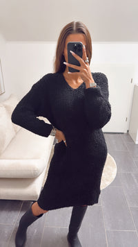 TEDDY Kuschel Kleid mit V-Ausschnitt / schwarz Art. 8069
