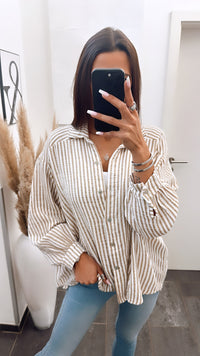KURZE Oversize Musselin Bluse mit Streifen / weiss - dunkel beige Art. 5696
