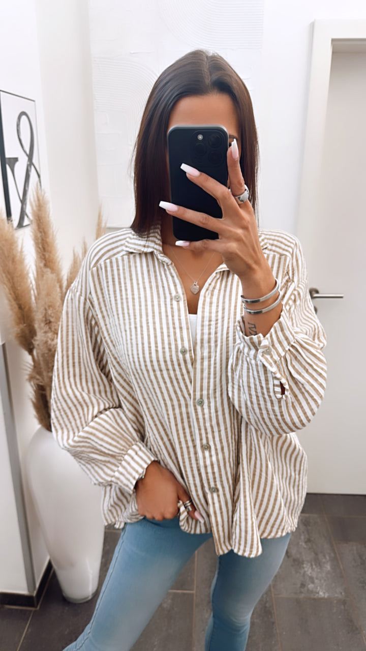 KURZE Oversize Musselin Bluse mit Streifen / weiss - dunkel beige Art. 5696