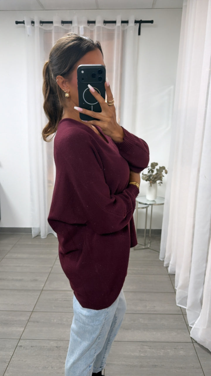 Viskose Mix Pullover mit V-Ausschnitt / burgundy Art. 16241