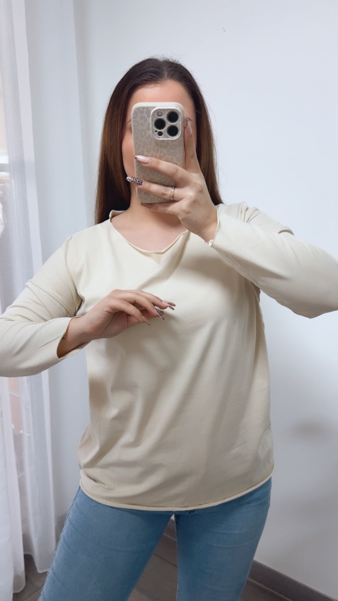 Baumwoll Basic Langarm Oberteil / creme Art. 14242