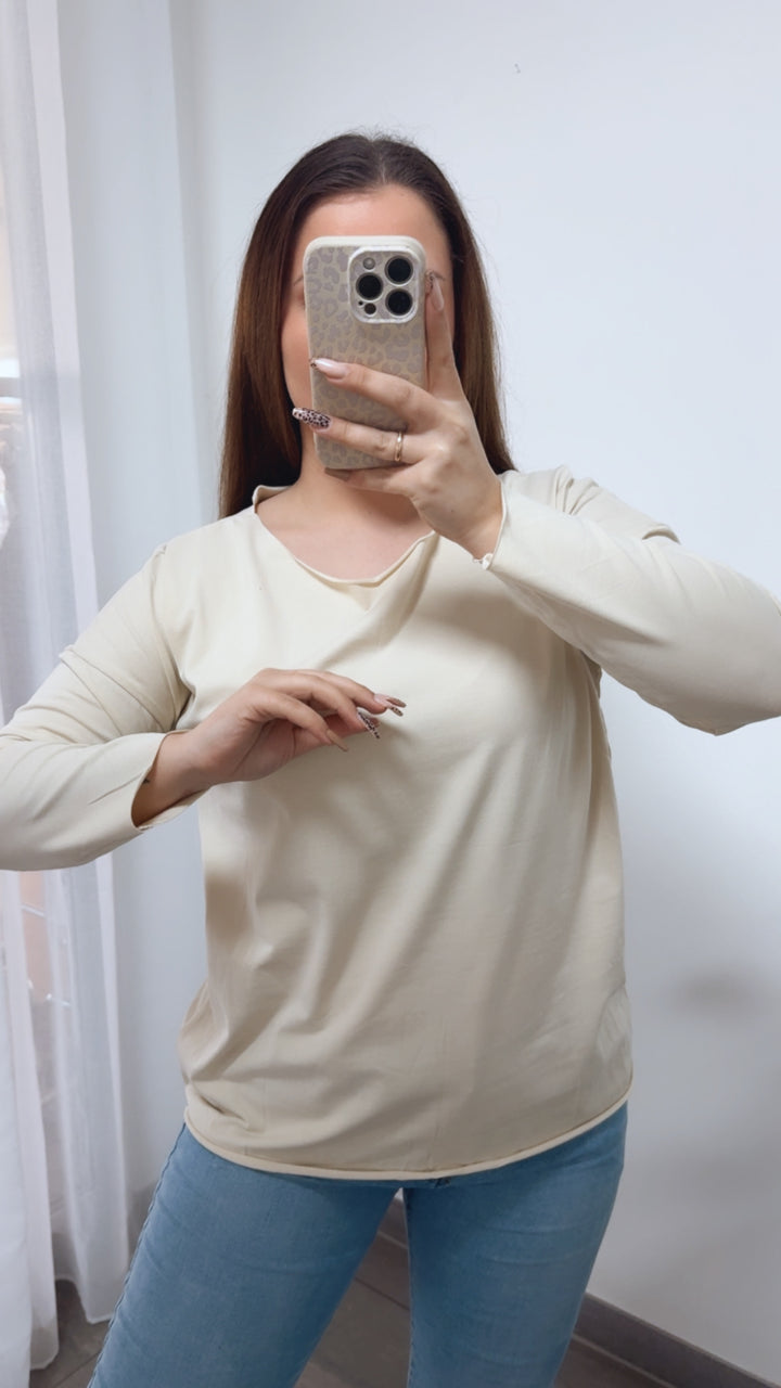 Baumwoll Basic Langarm Oberteil / creme Art. 14242