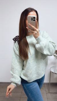 ONE SHOULDER Pullover, Punkte Schleife / mint meliert Art. 13817